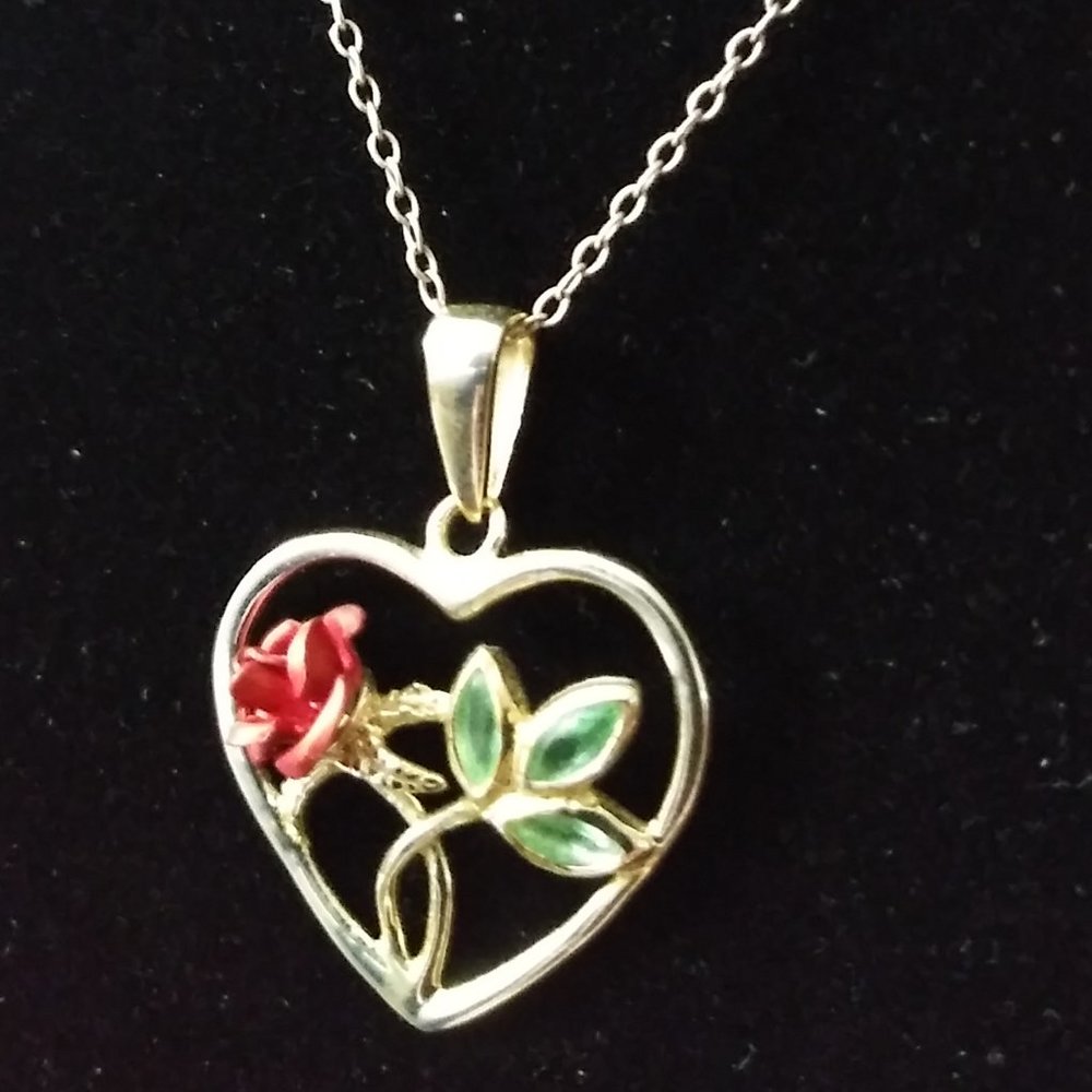 Vintage Sterling Silver Heart w/3-D Rose Necklace - Picture 6 of 11
